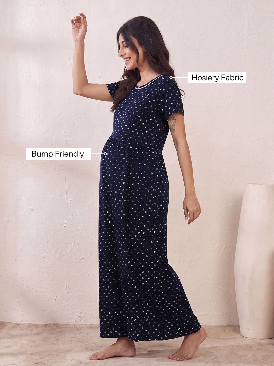 Navy Blue Printed Hosiery Zipless Maternity Nighty