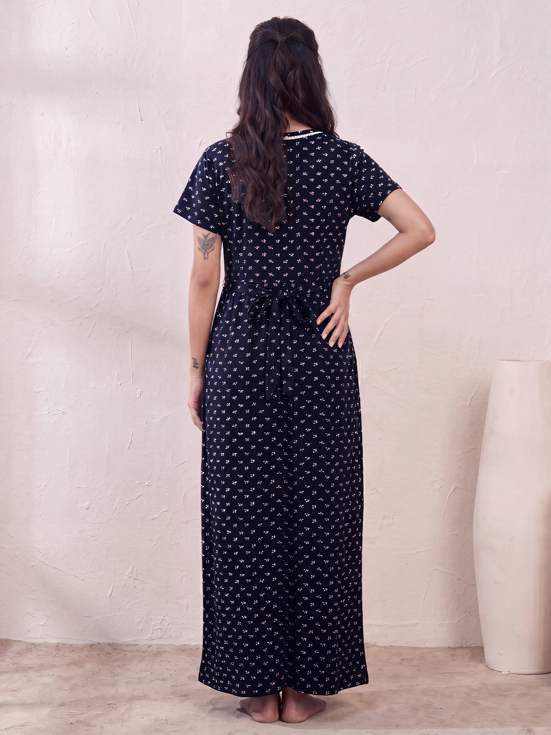Navy Blue Printed Hosiery Zipless Maternity Nighty