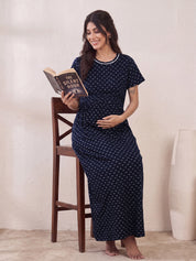 Navy Blue Printed Hosiery Zipless Maternity Nighty
