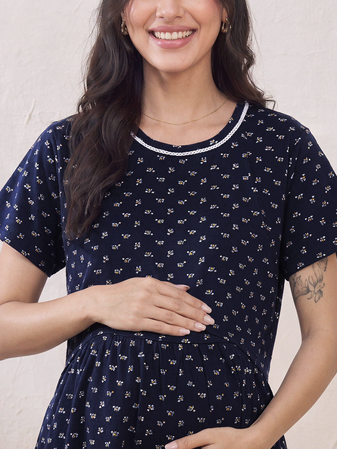Navy Blue Printed Hosiery Zipless Maternity Nighty