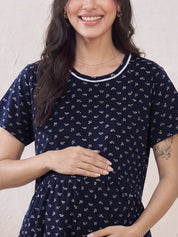 Navy Blue Printed Hosiery Zipless Maternity Nighty