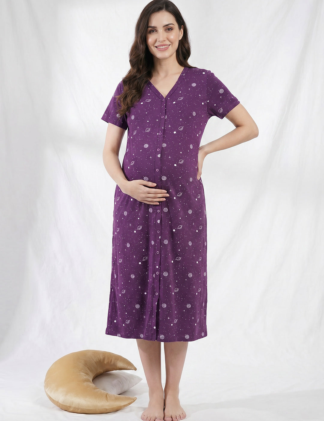 Purple Print Hosiery Zipless Maternity Nighty