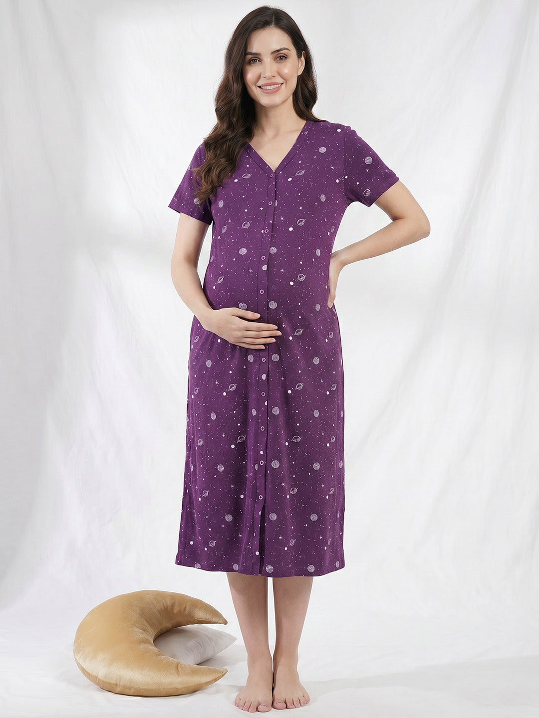 Purple Print Hosiery Zipless Maternity Nighty