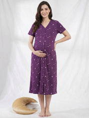Purple Print Hosiery Zipless Maternity Nighty