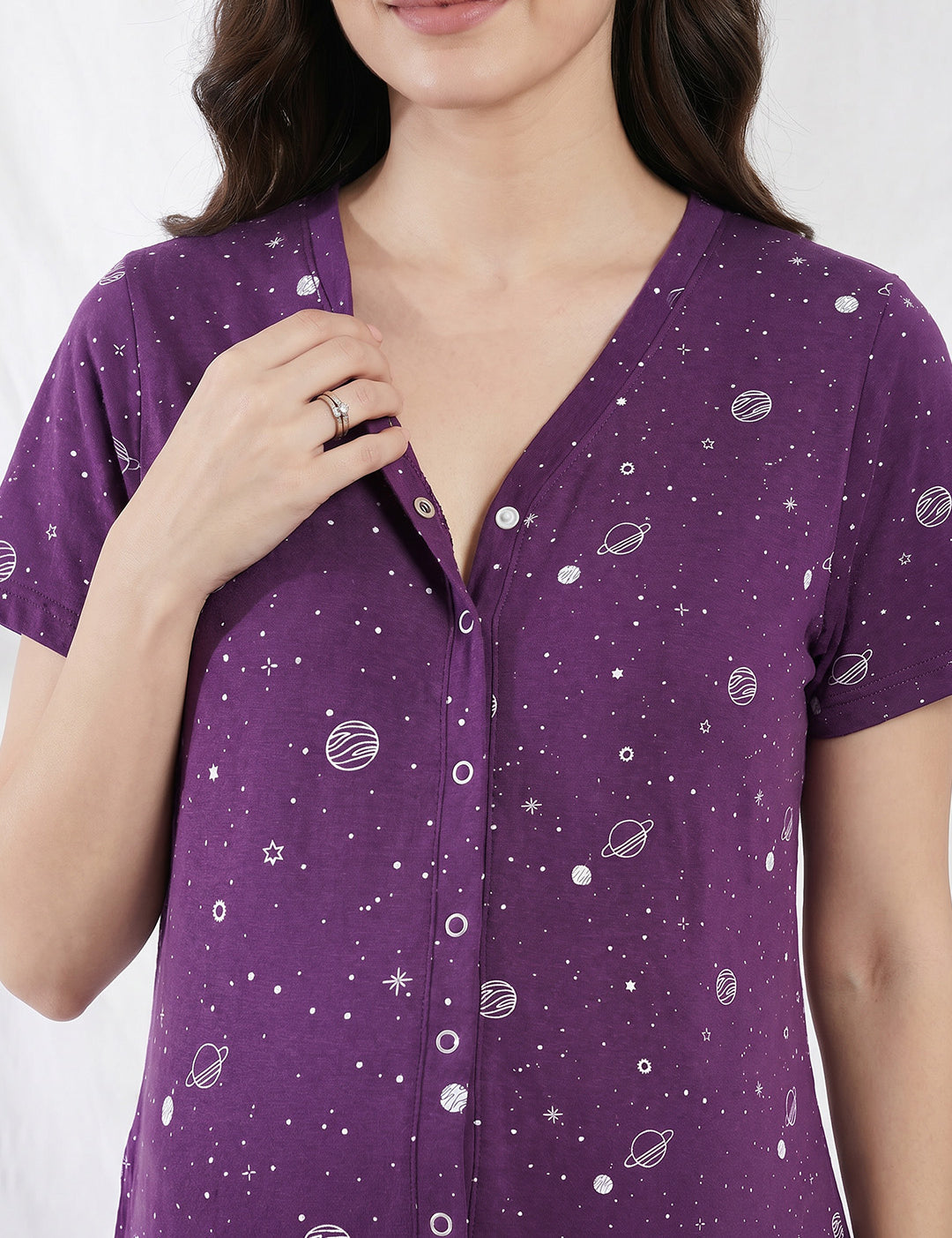 Purple Print Hosiery Zipless Maternity Nighty