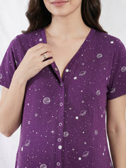 Purple Print Hosiery Zipless Maternity Nighty
