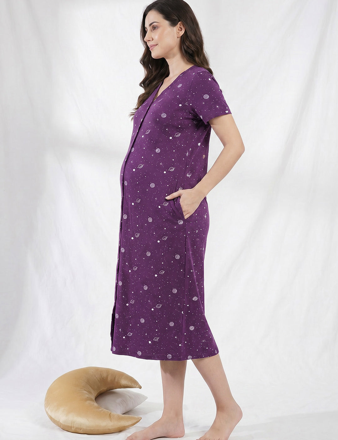 Purple Print Hosiery Zipless Maternity Nighty