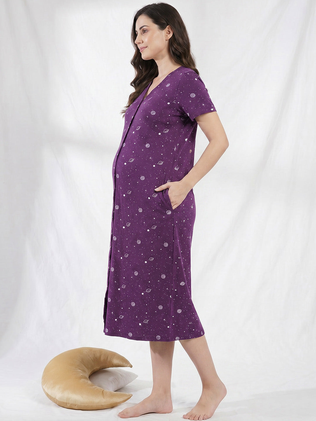 Purple Print Hosiery Zipless Maternity Nighty