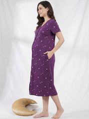 Purple Print Hosiery Zipless Maternity Nighty