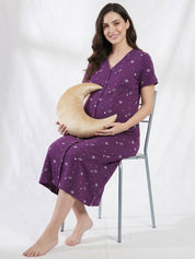 Purple Print Hosiery Zipless Maternity Nighty