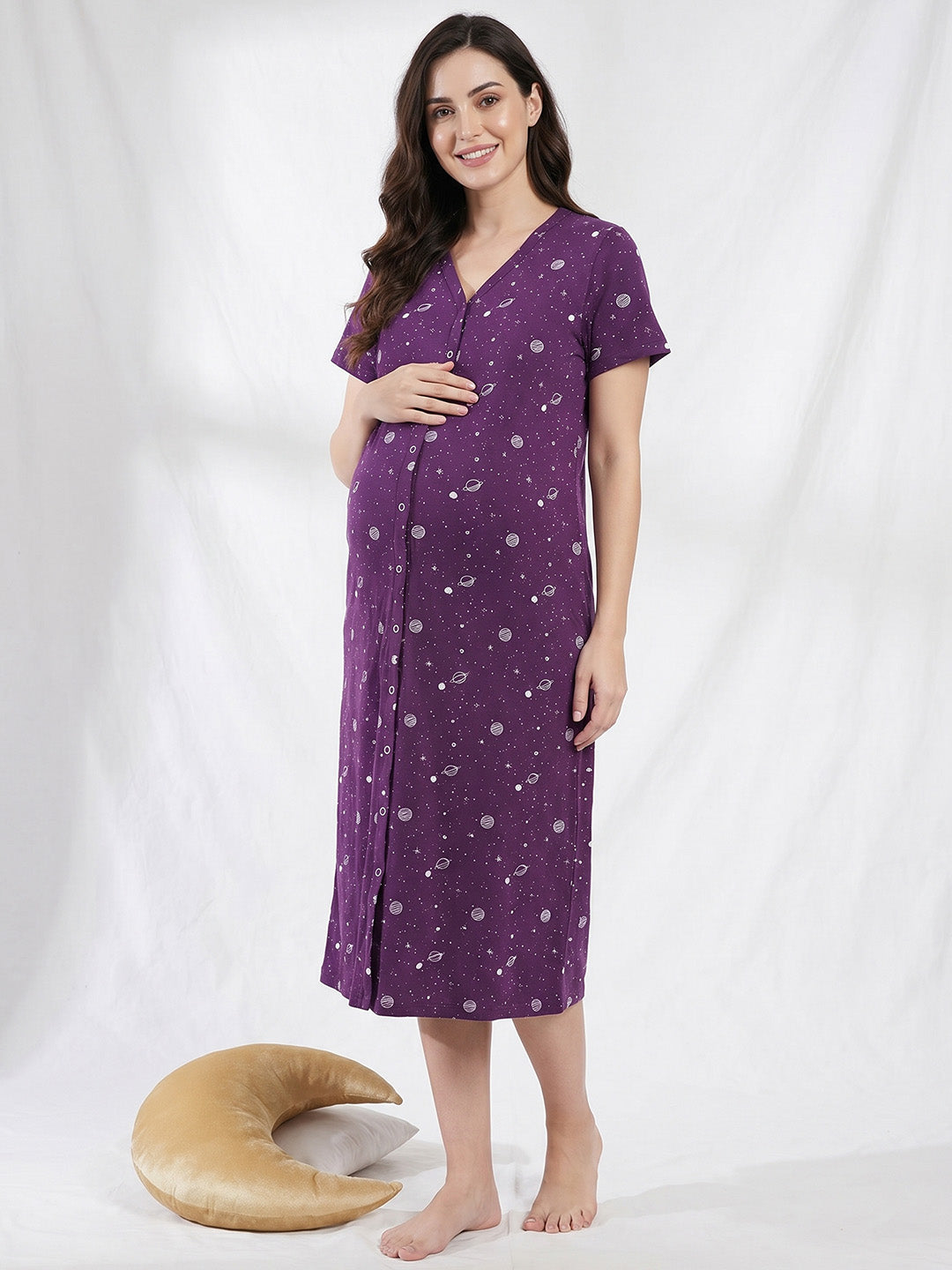 Purple Print Hosiery Zipless Maternity Nighty