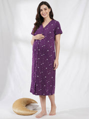 Purple Print Hosiery Zipless Maternity Nighty