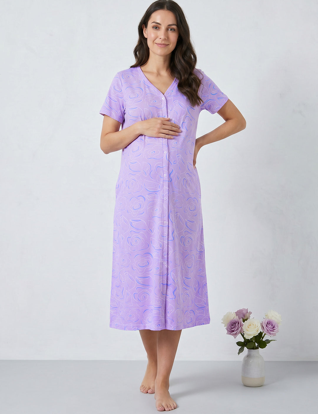 Lilac Floral Hosiery Zipless Maternity Nighty