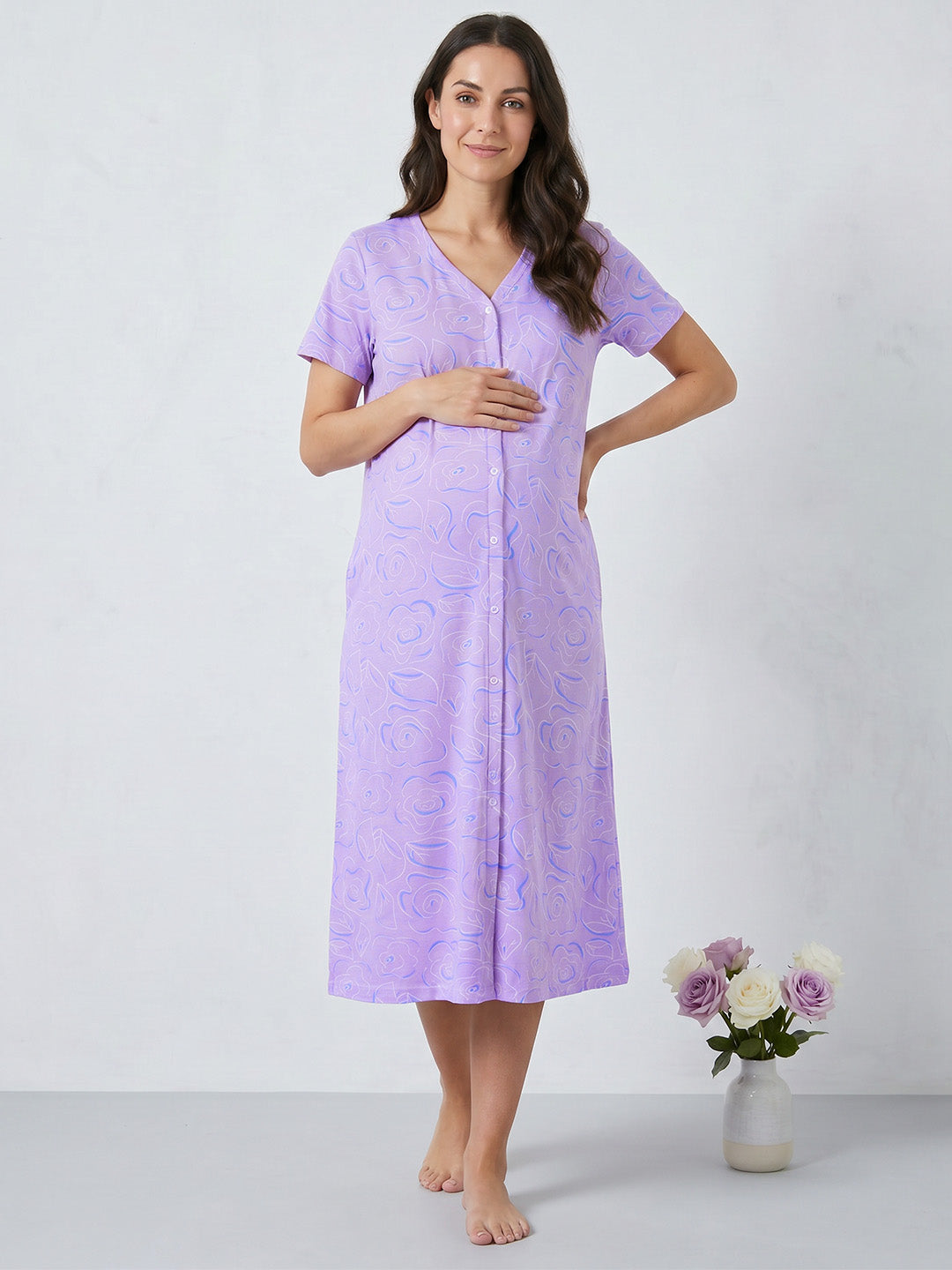 Lilac Floral Hosiery Zipless Maternity Nighty