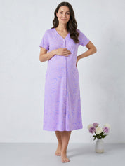 Lilac Floral Hosiery Zipless Maternity Nighty