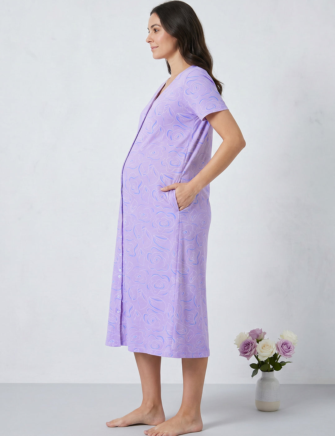 Lilac Floral Hosiery Zipless Maternity Nighty