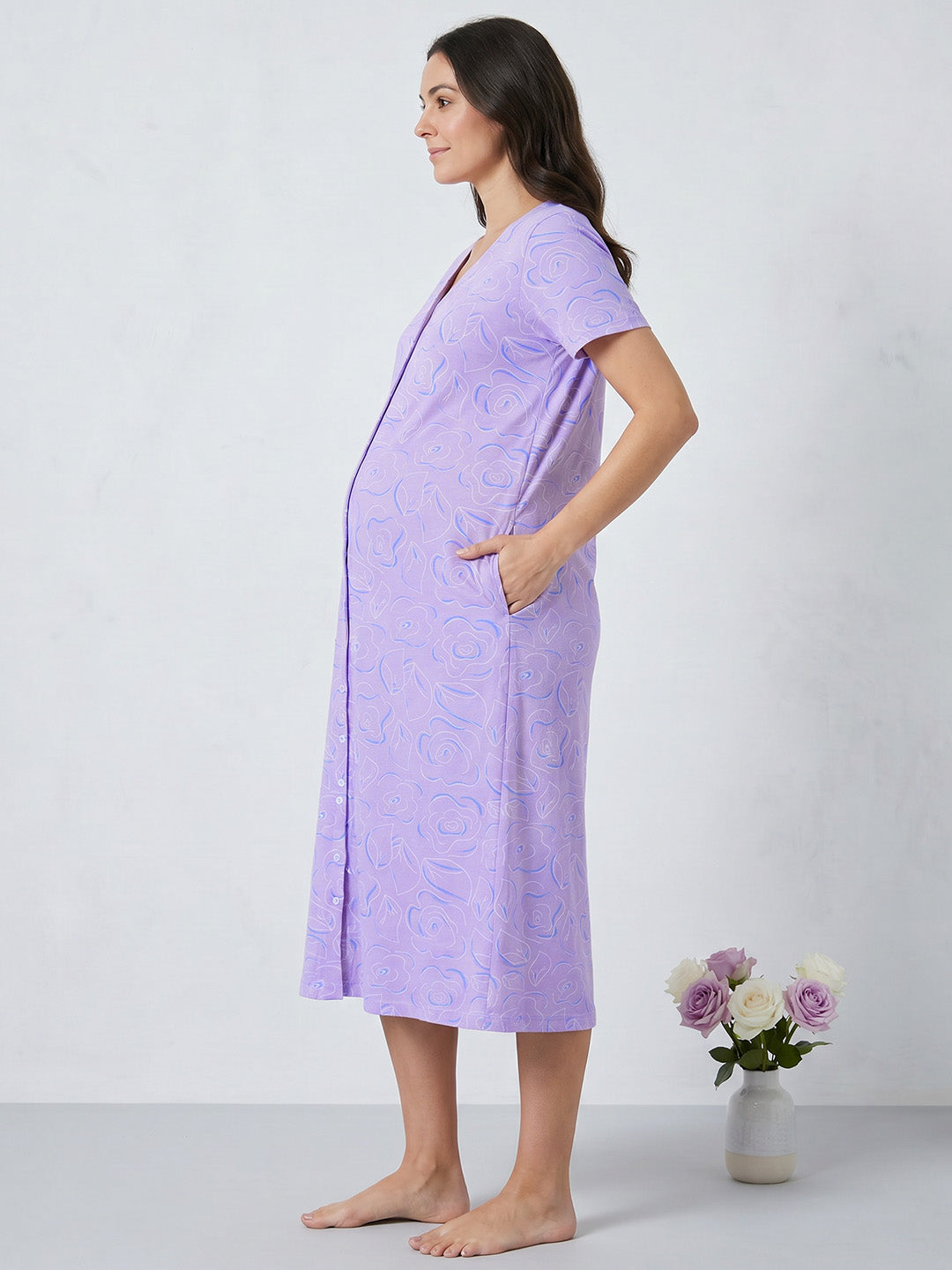Lilac Floral Hosiery Zipless Maternity Nighty
