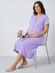 Lilac Floral Hosiery Zipless Maternity Nighty
