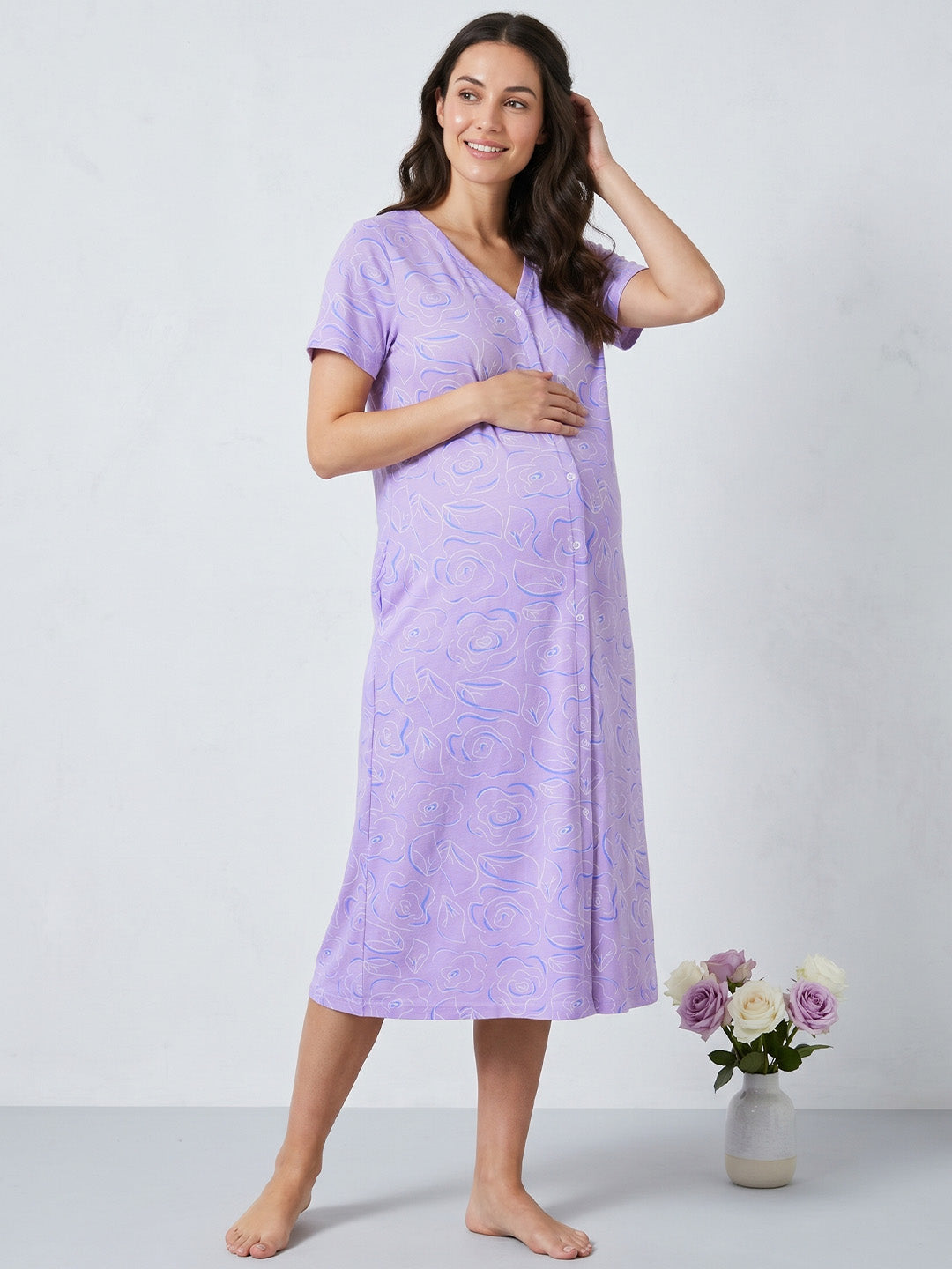 Lilac Floral Hosiery Zipless Maternity Nighty