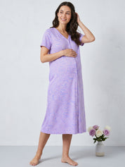 Lilac Floral Hosiery Zipless Maternity Nighty