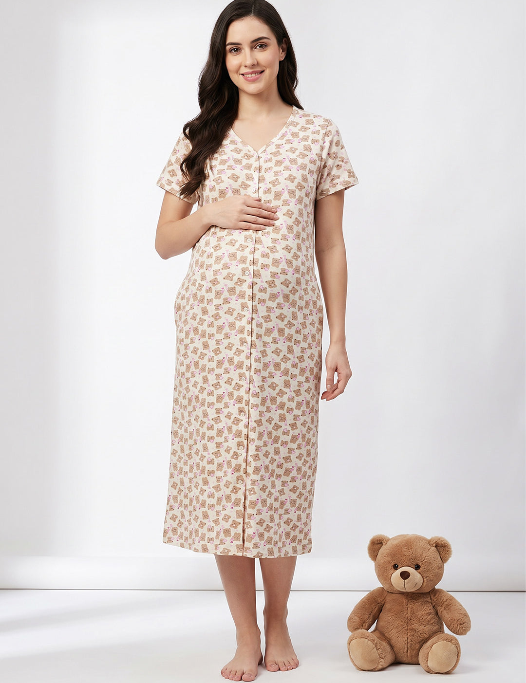 Beige Teddy Printed Hosiery Zipless Maternity Nighty