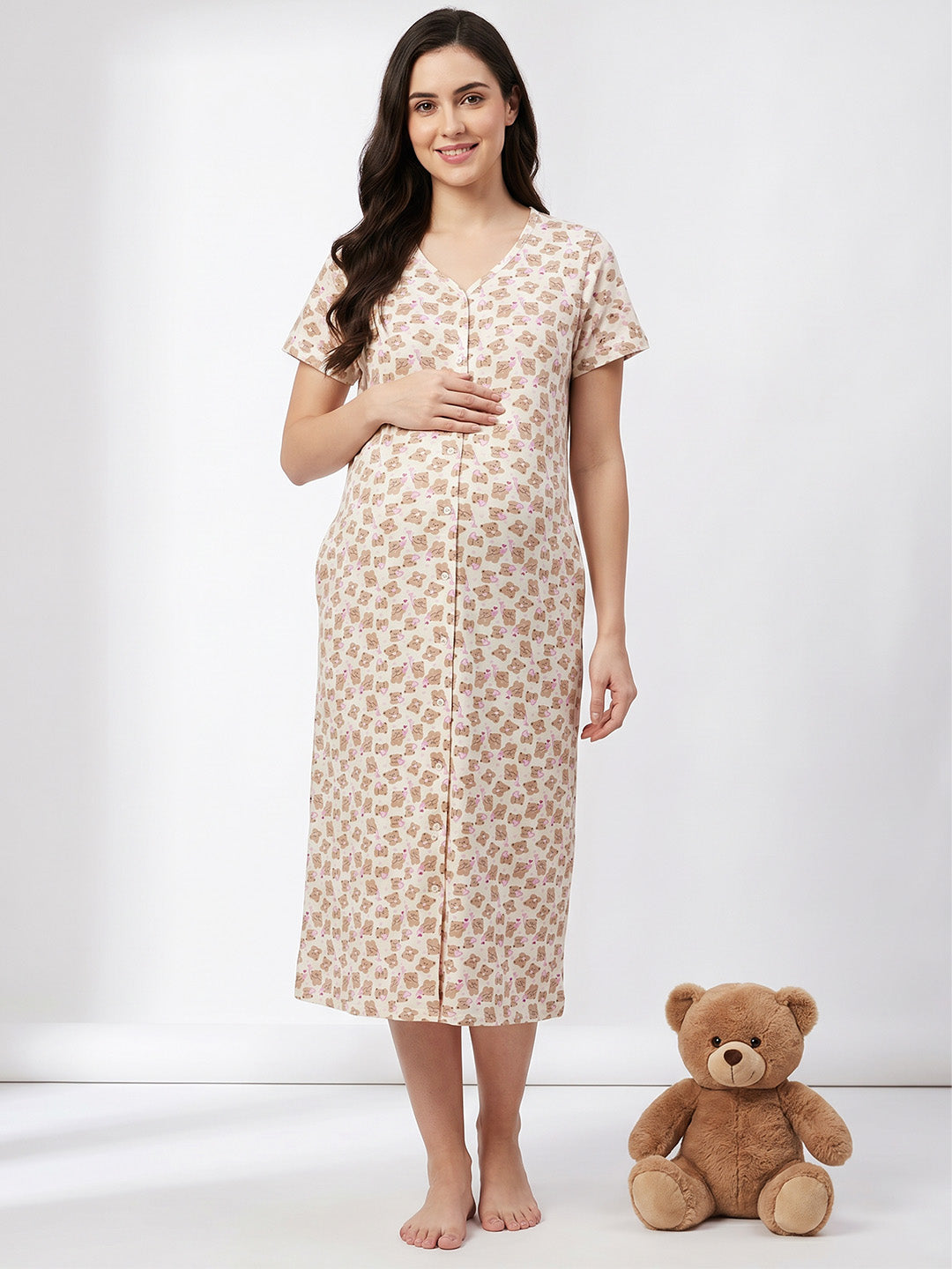 Beige Teddy Printed Hosiery Zipless Maternity Nighty