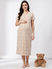 Beige Teddy Printed Hosiery Zipless Maternity Nighty