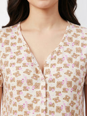 Beige Teddy Printed Hosiery Zipless Maternity Nighty