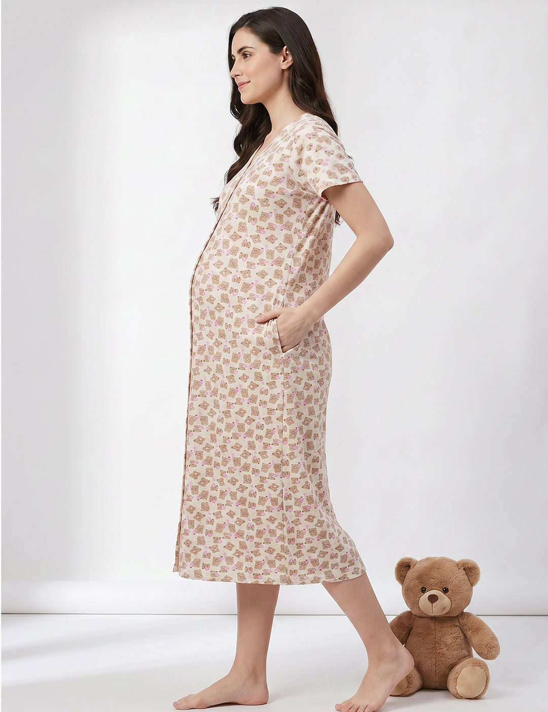 Beige Teddy Printed Hosiery Zipless Maternity Nighty