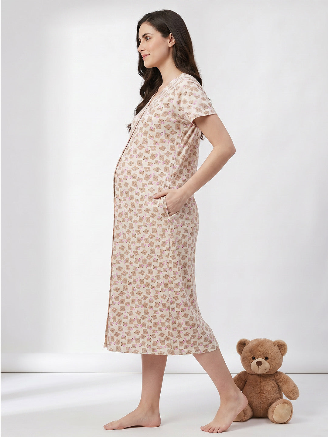 Beige Teddy Printed Hosiery Zipless Maternity Nighty