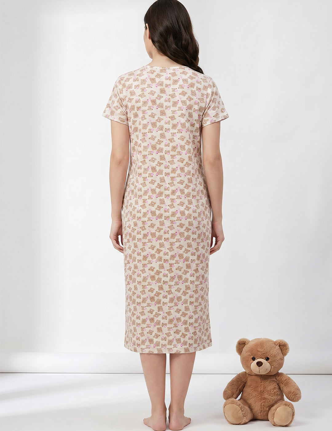 Beige Teddy Printed Hosiery Zipless Maternity Nighty