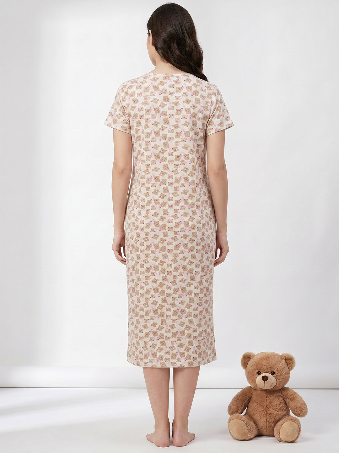 Beige Teddy Printed Hosiery Zipless Maternity Nighty