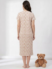 Beige Teddy Printed Hosiery Zipless Maternity Nighty