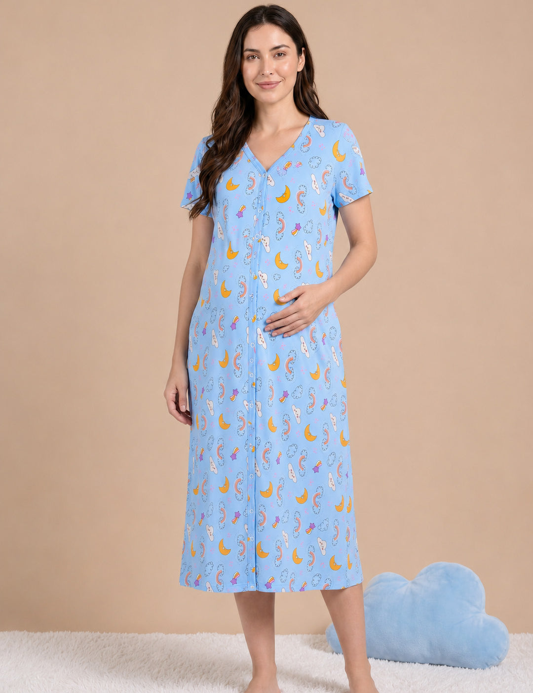 Blue Printed Hosiery Zipless Maternity Nighty