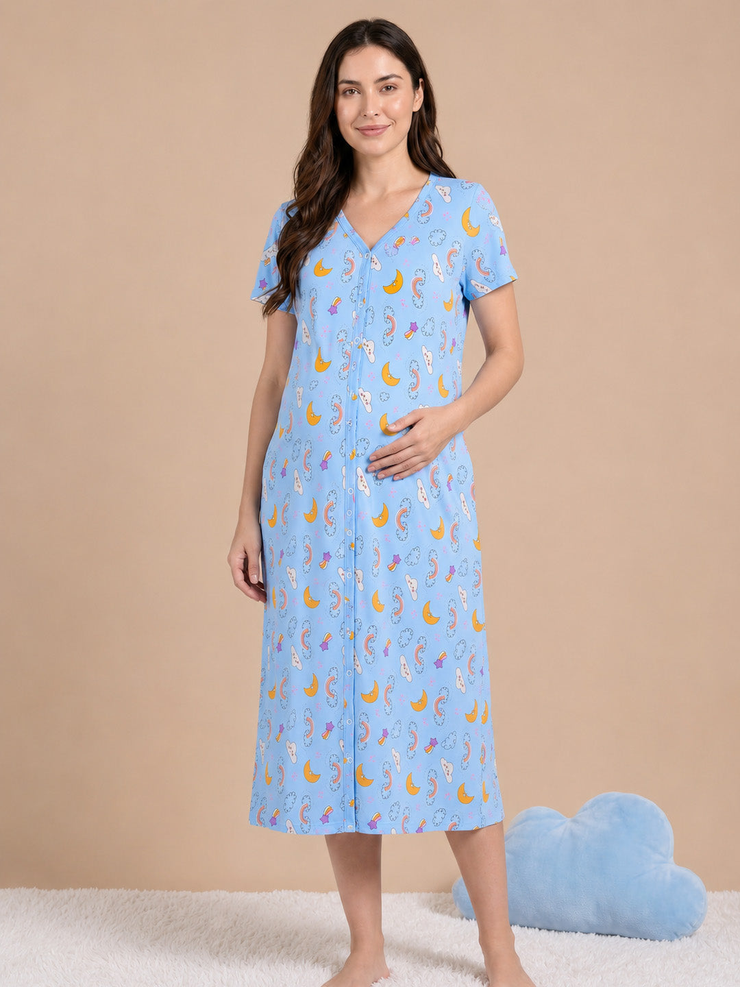 Blue Printed Hosiery Zipless Maternity Nighty
