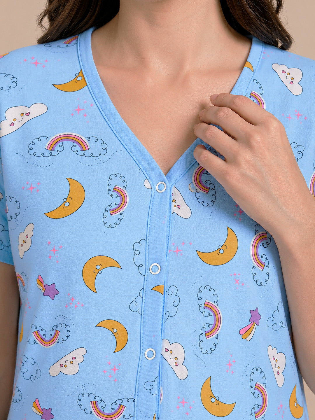 Blue Printed Hosiery Zipless Maternity Nighty