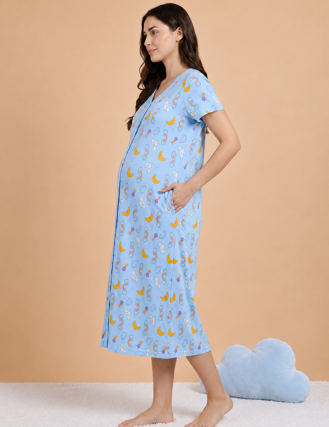 Blue Printed Hosiery Zipless Maternity Nighty