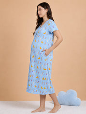 Blue Printed Hosiery Zipless Maternity Nighty