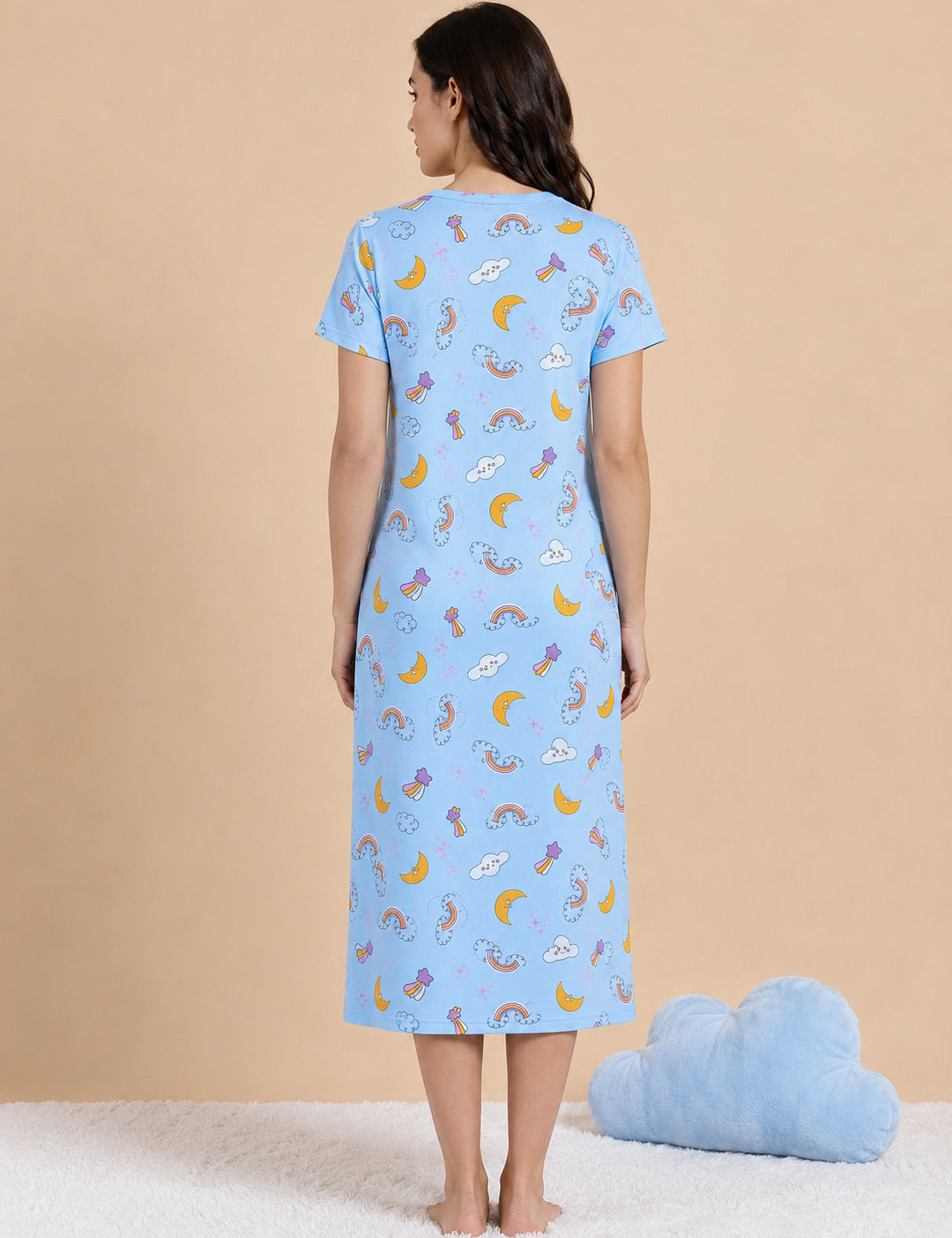 Blue Printed Hosiery Zipless Maternity Nighty