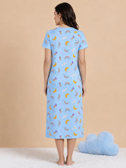 Blue Printed Hosiery Zipless Maternity Nighty