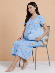 Blue Printed Hosiery Zipless Maternity Nighty