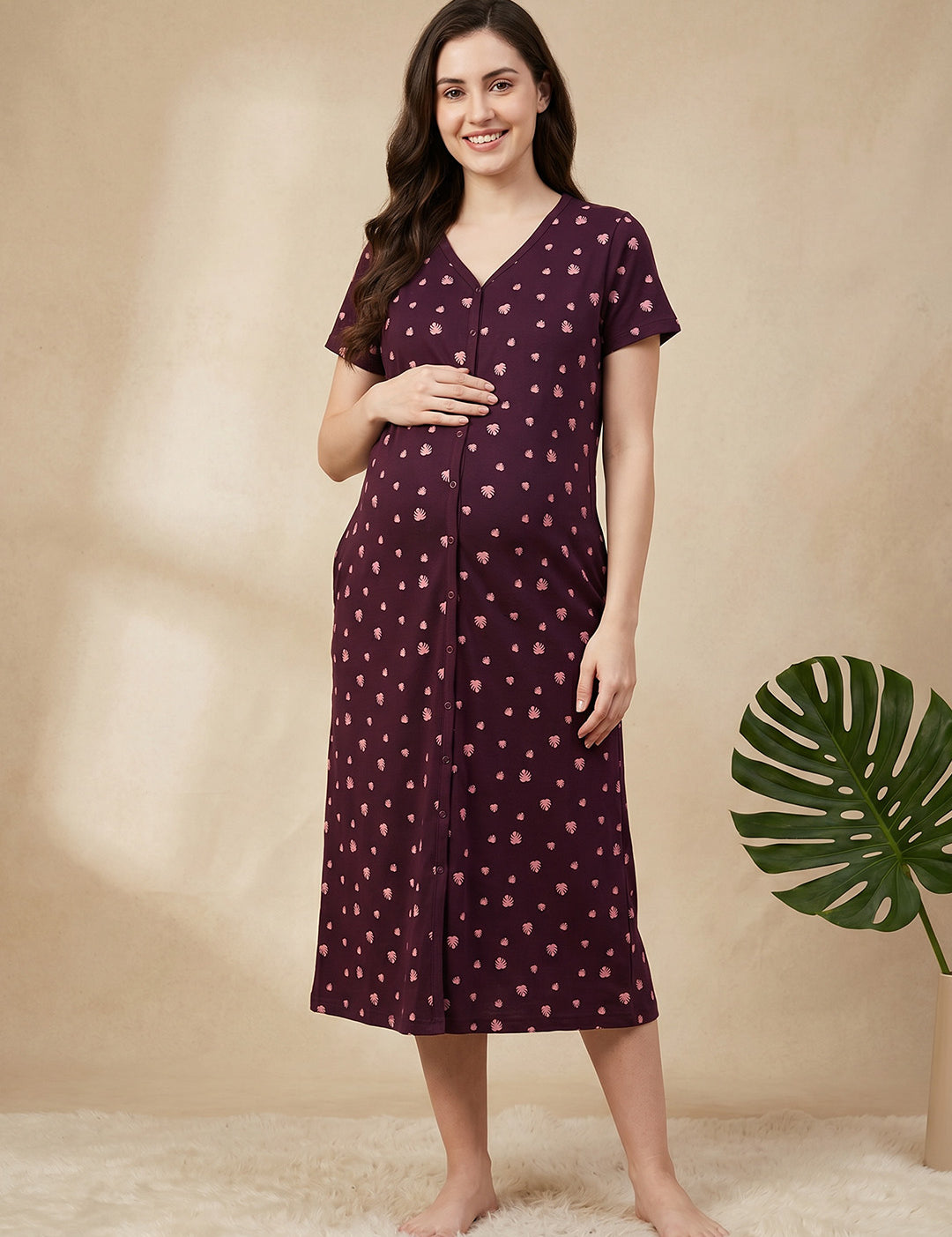 Burgundy Leaf Hosiery Zipless Maternity Nighty