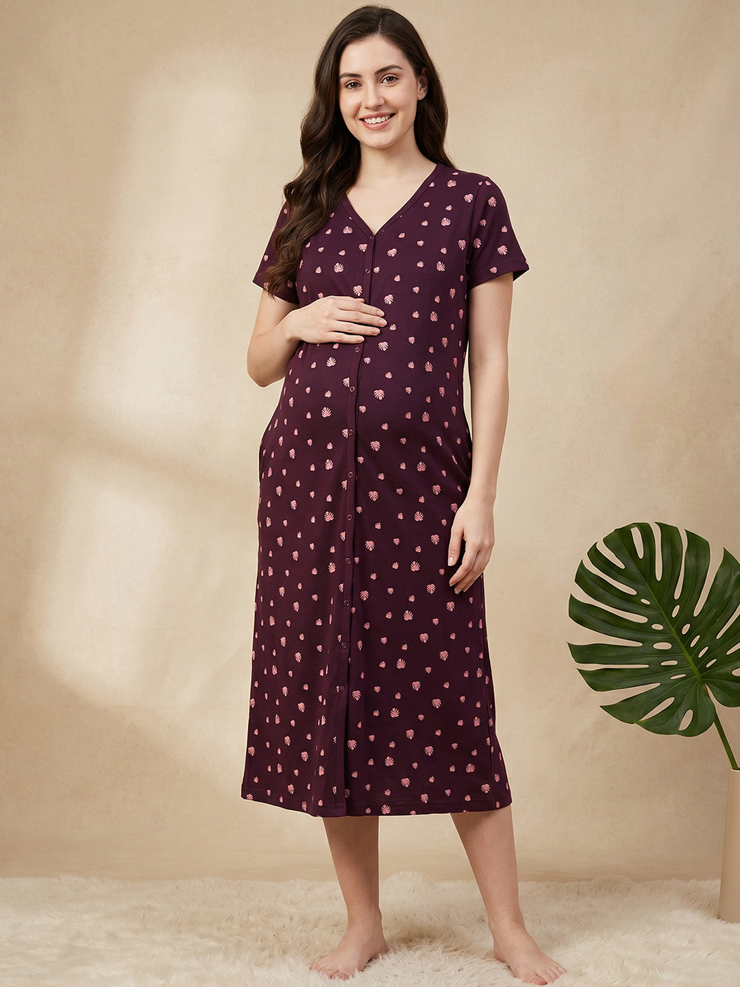 Burgundy Leaf Hosiery Zipless Maternity Nighty