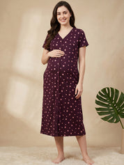 Burgundy Leaf Hosiery Zipless Maternity Nighty