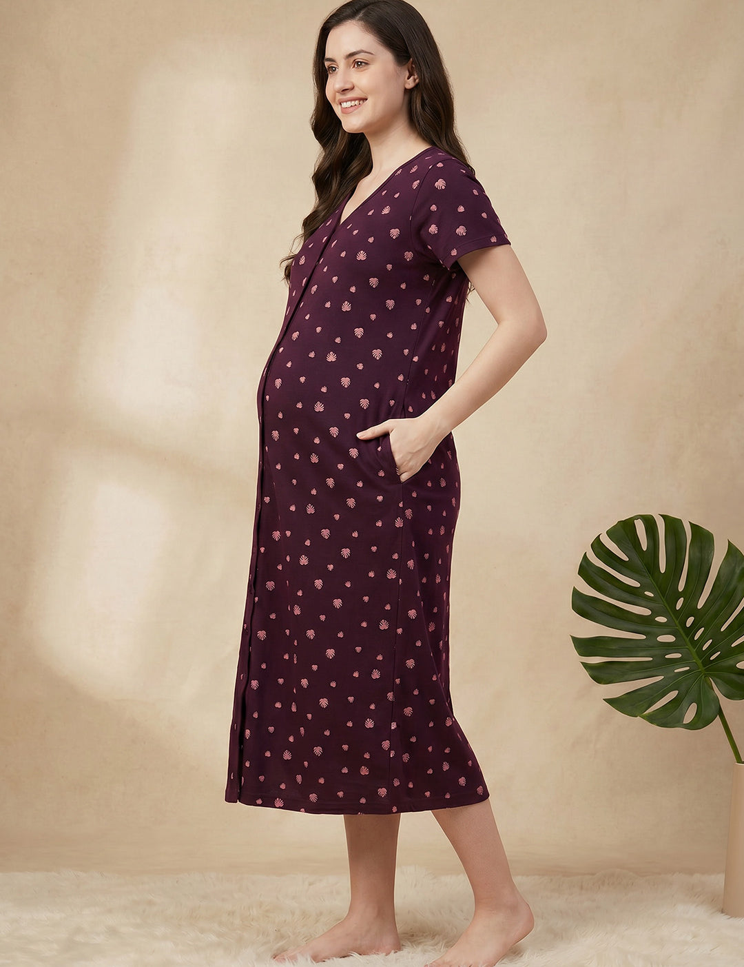 Burgundy Leaf Hosiery Zipless Maternity Nighty