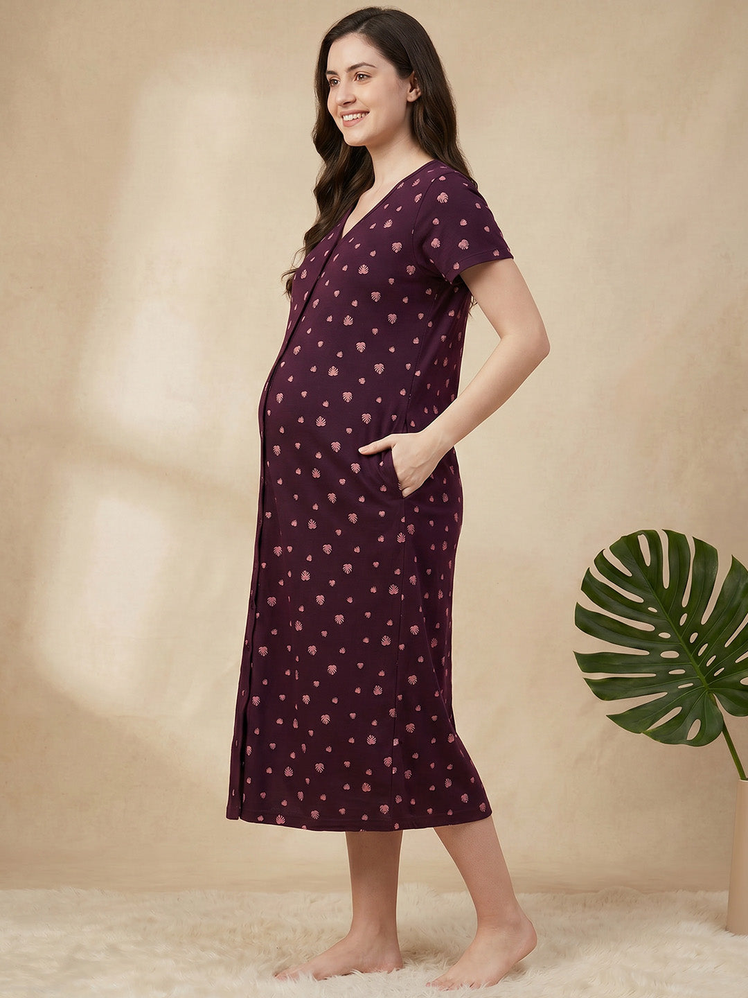 Burgundy Leaf Hosiery Zipless Maternity Nighty
