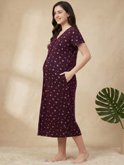 Burgundy Leaf Hosiery Zipless Maternity Nighty
