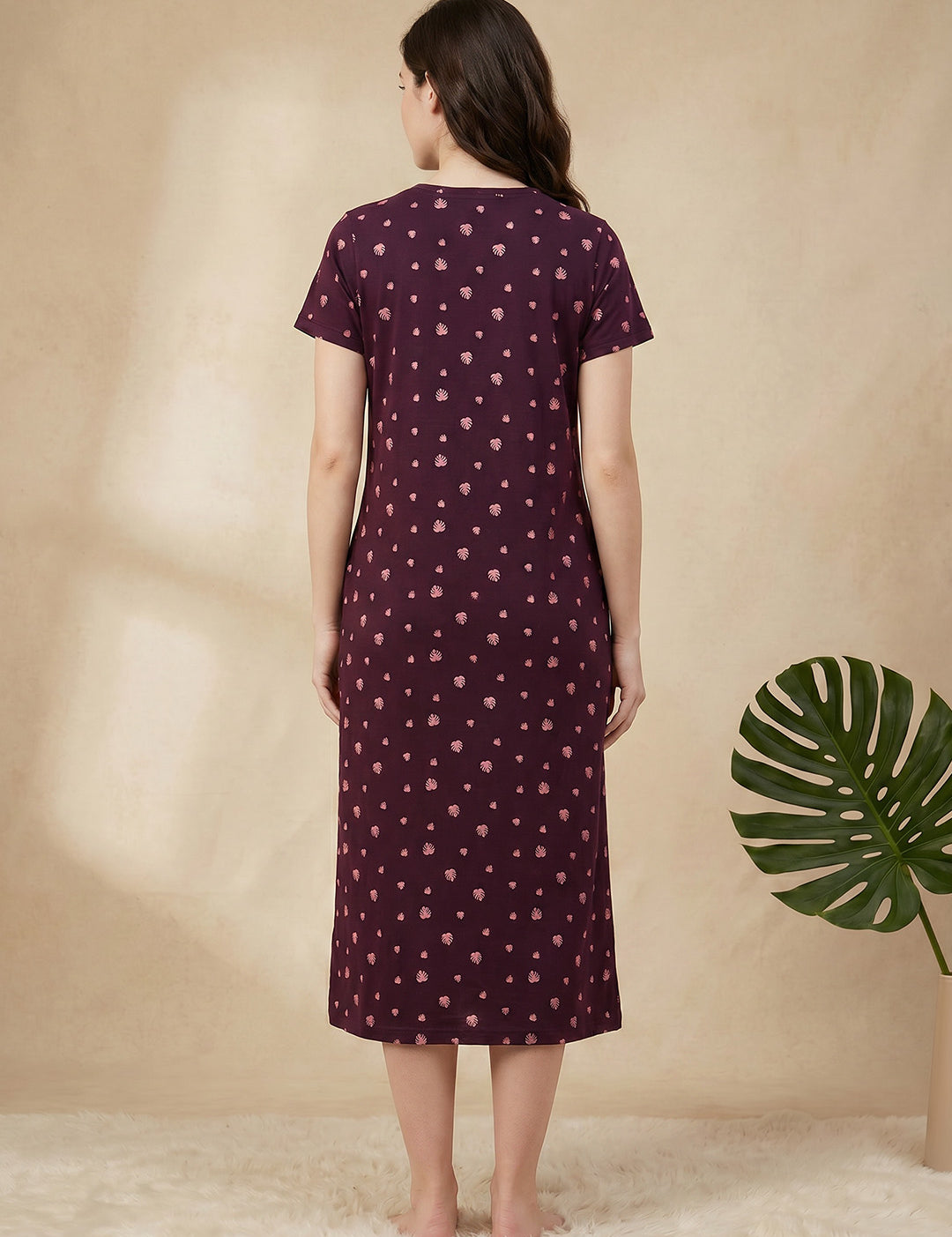 Burgundy Leaf Hosiery Zipless Maternity Nighty