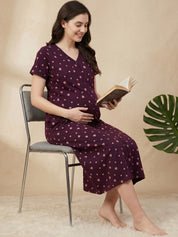 Burgundy Leaf Hosiery Zipless Maternity Nighty