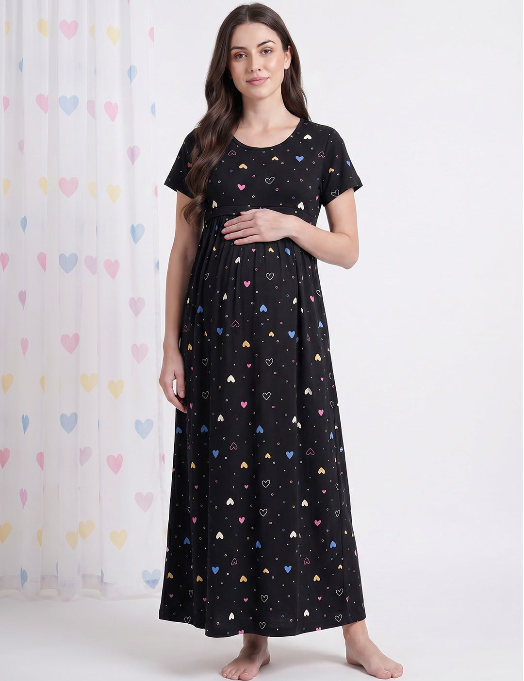 Black Heart Print Hosiery Maternity Nighty